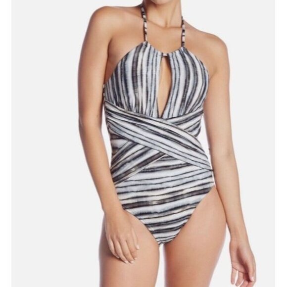 La Blanca Sz 4 Swimsuit Bamboo Striped HighNeck Cutout Halter One piece New NWT - Picture 1 of 5